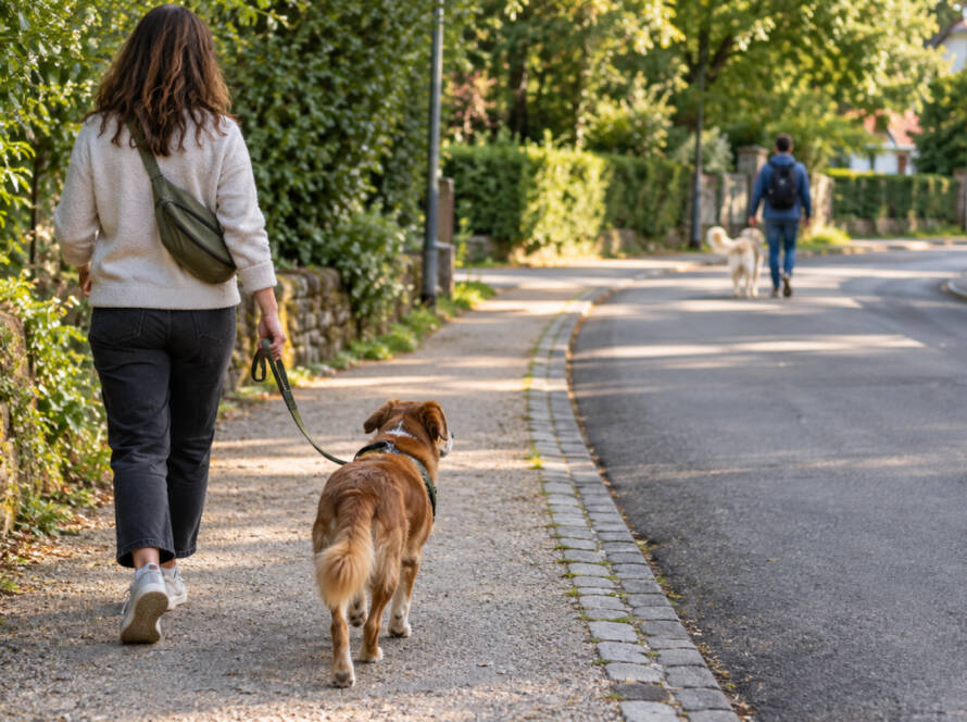 Persona con cane al guinzaglio che mantiene distanza da un altro cane durante la passeggiata