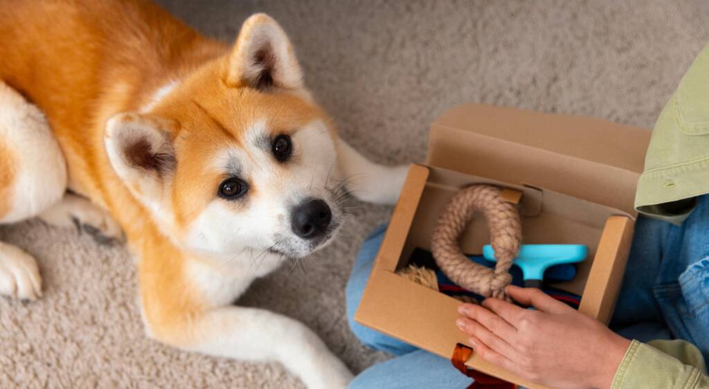 Cane impegnato in un’attività di problem solving con oggetti, pensata per stimolare concentrazione, ragionamento e autonomia.