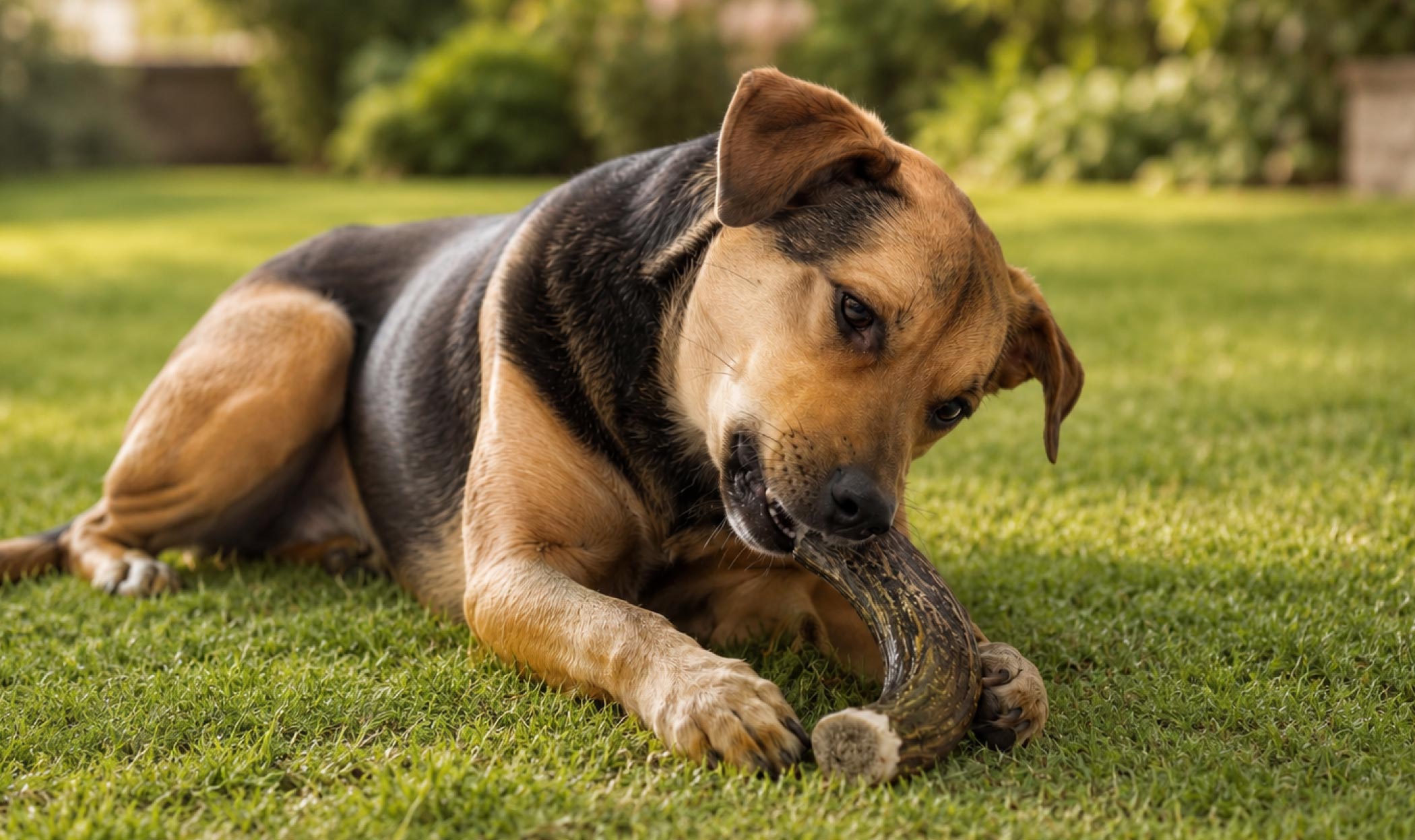 Cane con corno di cervo, durante una masticazione da valutare con attenzione per durezza, sicurezza dentale e gestione corretta.