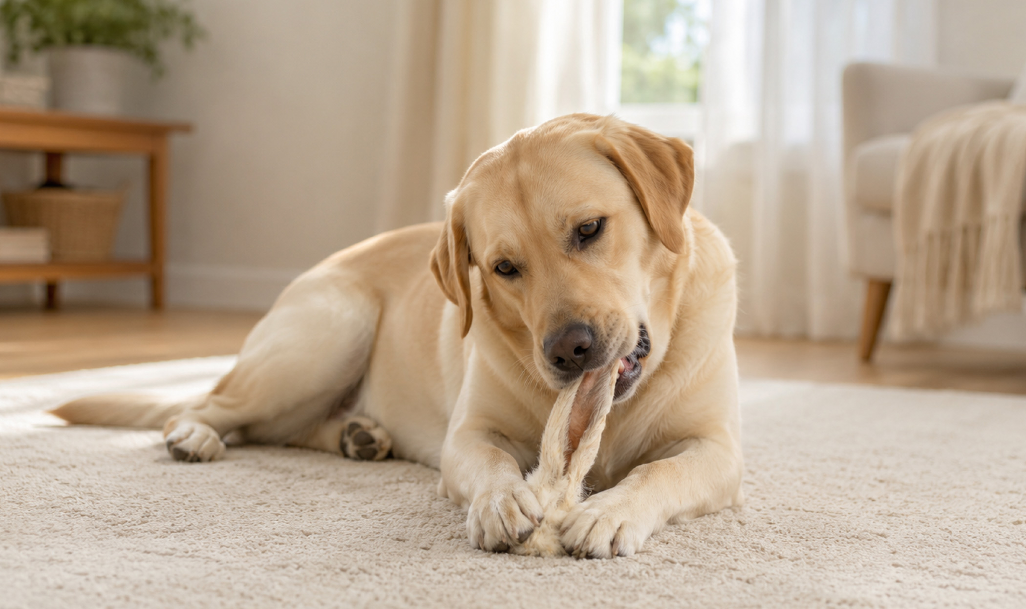 Labrador con masticativo naturale, durante un’attività che favorisce calma, appagamento, gestione della bocca e masticazione corret