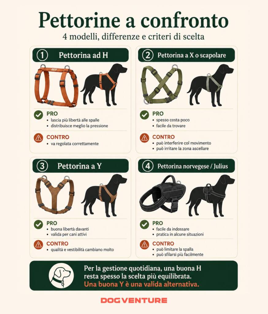 Confronto visuale tra pettorine per cani, con differenze tra modelli H, Y, Easy Walk e Julius per scegliere quella più adatta.