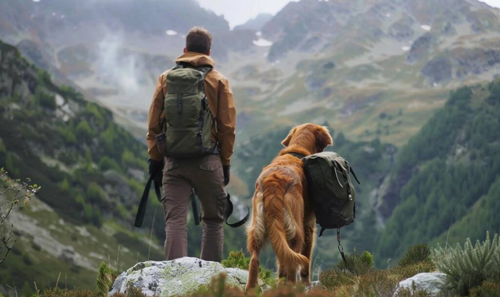 Cane durante un dog trekking, con focus su passeggiata organizzata, movimento in natura, gestione al guinzaglio e sicurezza del percorso.