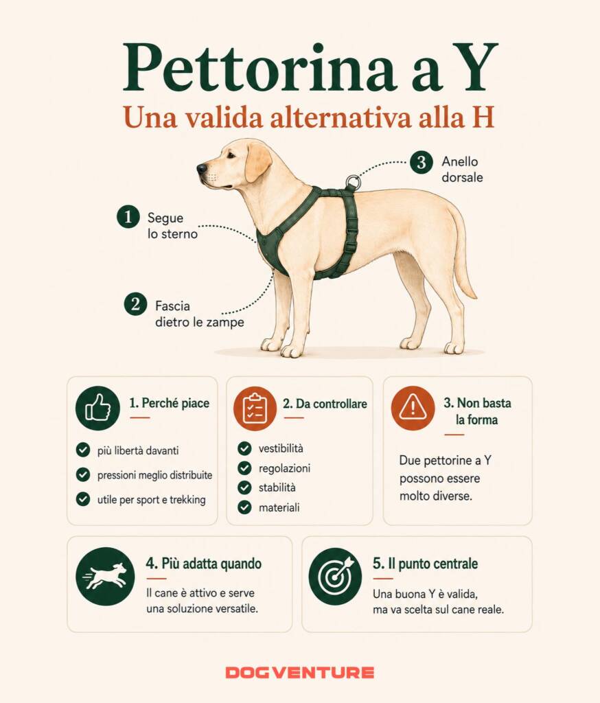 Schema illustrato della pettorina a Y per cani, con passaggio sul petto, assetto sul corpo e caratteristiche utili a favorire movimenti più liberi.