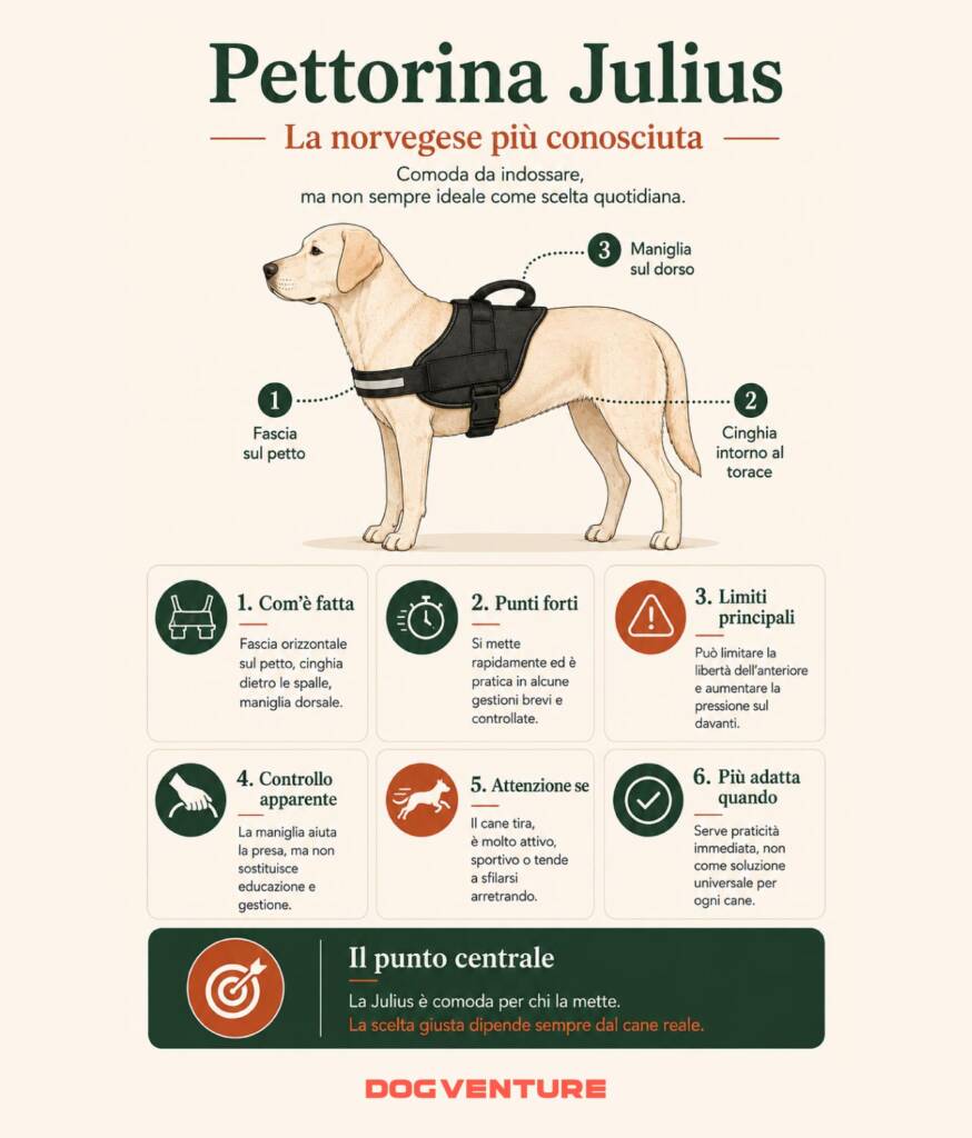 Infografica sulla pettorina Julius di tipo norvegese, con struttura, punti di forza, limiti nella libertà dell’anteriore e indicazioni sui cani per cui può essere meno adatta.