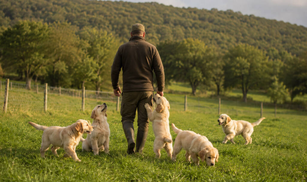 Allevatore in campagna di labrador
