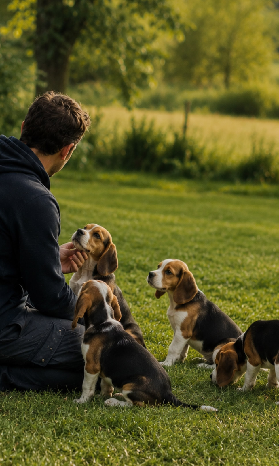 Allevatore seduto nel prato con cuccioli di Beagle, durante un momento di osservazione e interazione in ambiente naturale.