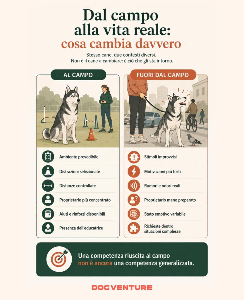 Confronto visivo tra lavoro al campo cinofilo e vita quotidiana, con differenze di ambiente, stimoli, supporto e generalizzazione delle competenze del cane.