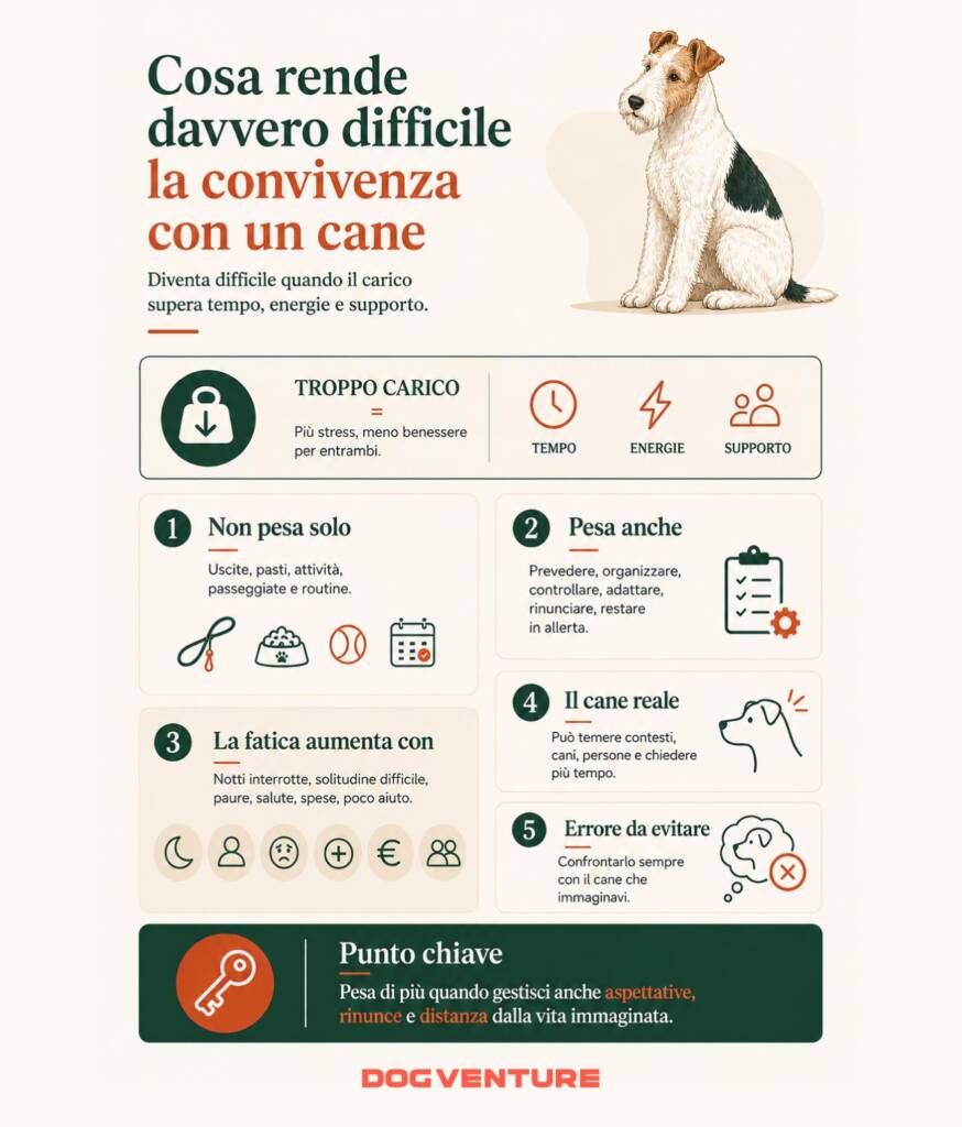 Schema informativo su cosa rende difficile la convivenza con un cane, tra carico quotidiano, tempo, energie, supporto, rinunce e aspettative irrealistiche.