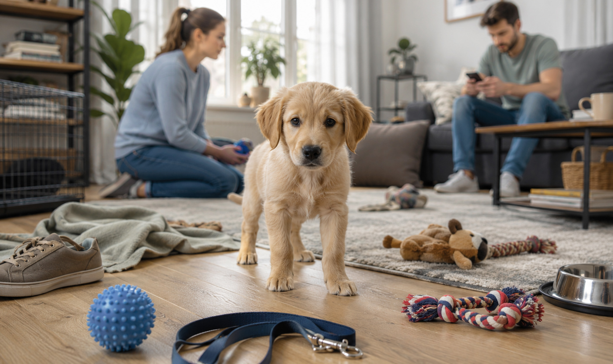 Cucciolo in casa tra stimoli e oggetti quotidiani, con proprietari sullo sfondo e primi errori nella gestione educativa del cane.