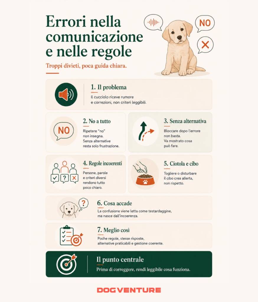 Errori nella comunicazione e nelle regole

Il cucciolo riceve divieti, correzioni e segnali poco coerenti, invece di indicazioni chiare su cosa può fare e su quali comportamenti funzionano.

Usare il “no” come risposta a tutto
“No” ripetuto per ogni comportamento
Tono sempre più alto
Divieto usato dopo l’errore
Nessuna alternativa proposta
Nessun cambiamento nella gestione
Il cucciolo sente rumore, non informazioni utili
Correggerlo senza insegnargli un’alternativa
Bloccare il comportamento senza guidarlo
Dire cosa non deve fare, ma non cosa può fare
Intervenire solo quando ha già sbagliato
Ripetere divieti senza cambiare contesto
Confondere correzione e apprendimento
Lasciare il cucciolo senza una risposta praticabile
Cambiare regole da persona a persona
Una persona permette, un’altra vieta
Parole diverse per la stessa richiesta
Regole incoerenti su divano, cibo e spazi
Ogni familiare gestisce il cucciolo a modo suo
Il cane viene corretto per criteri poco chiari
La confusione viene scambiata per testardaggine
Portargli via la ciotola mentre mangia
Togliere la ciotola per “insegnare rispetto”
Mettere le mani nel cibo senza motivo
Disturbarlo durante il pasto
Leggere fretta o irrigidimento come dominanza
Creare competizione intorno alla risorsa
Far associare la presenza umana a perdita o minaccia