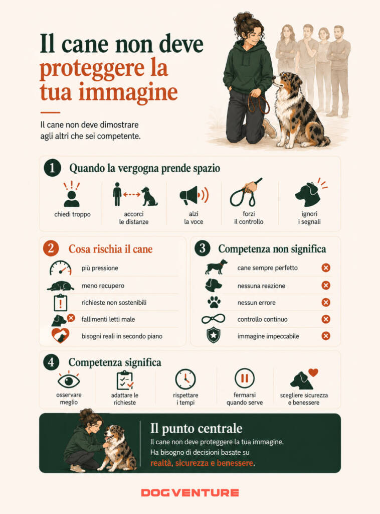 Tavola illustrativa su come la vergogna del proprietario può aumentare pressione e controllo, mentre la competenza tutela sicurezza e benessere del cane.