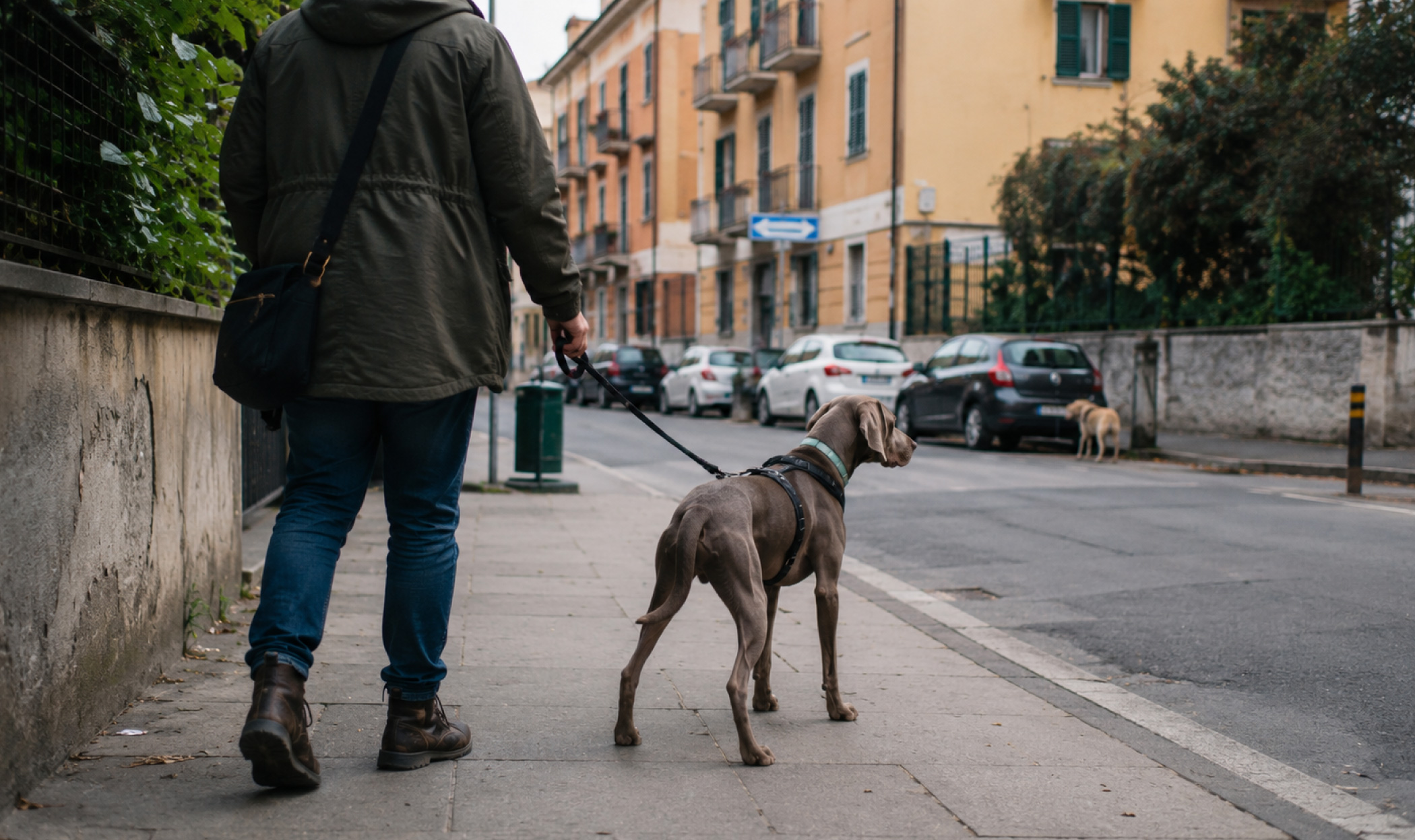 Proprietario in passeggiata urbana con il cane al guinzaglio, attento a uno stimolo laterale e poco concentrato sulla persona.
