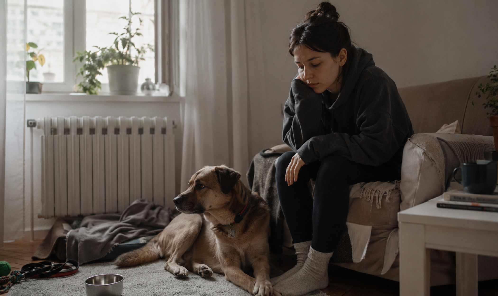 Proprietaria visibilmente stanca seduta accanto al cane in casa, in un momento di affaticamento nella convivenza quotidiana.