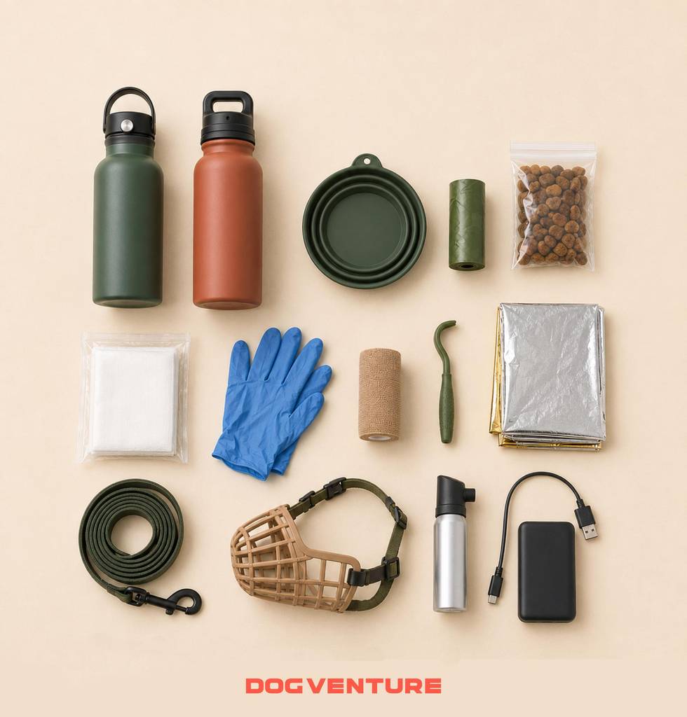 Fotografia flat lay dell’attrezzatura essenziale da portare nello zaino per un’escursione con il cane, con acqua, ciotola pieghevole, primo soccorso, guinzaglio di riserva, museruola e power bank.