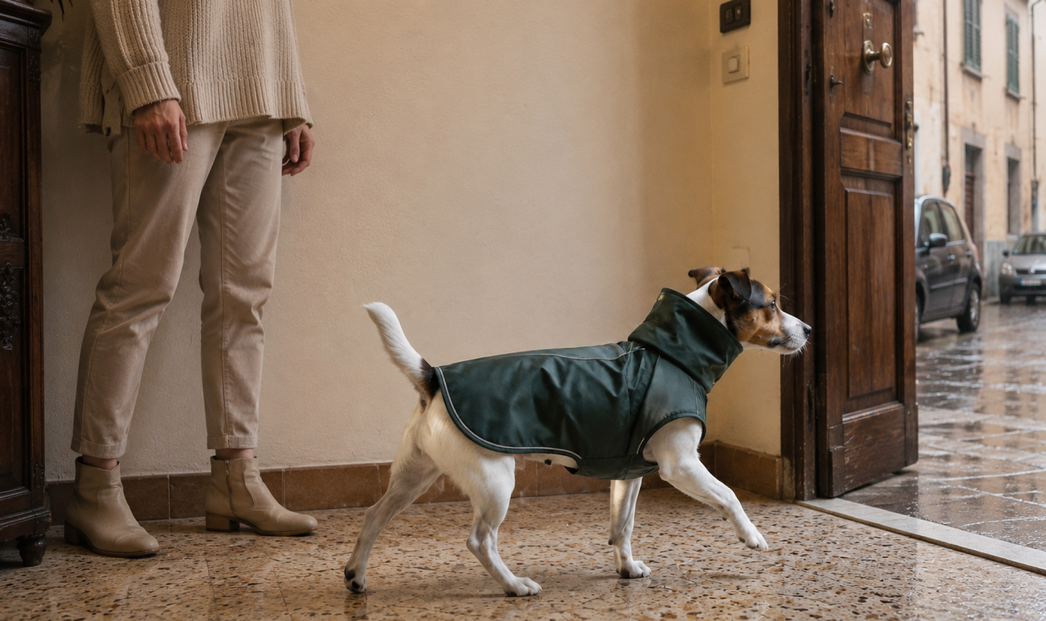 Cane con cappottino impermeabile verde si dirige verso l’uscita di casa in una giornata di pioggia, accompagnato dalla proprietaria.