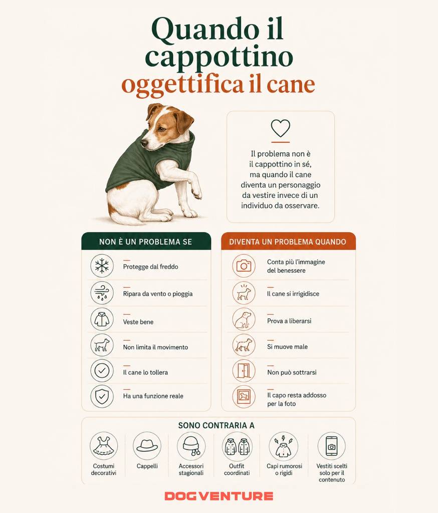 Infografica sull’uso del cappottino per cani, distinguendo la protezione funzionale da freddo e pioggia dall’abbigliamento scelto per estetica che può limitare comfort e movimento.