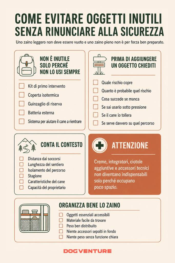 Schema informativo su come evitare oggetti inutili nello zaino da trekking con il cane, valutando rischio, contesto, utilità reale e organizzazione dell’attrezzatura.