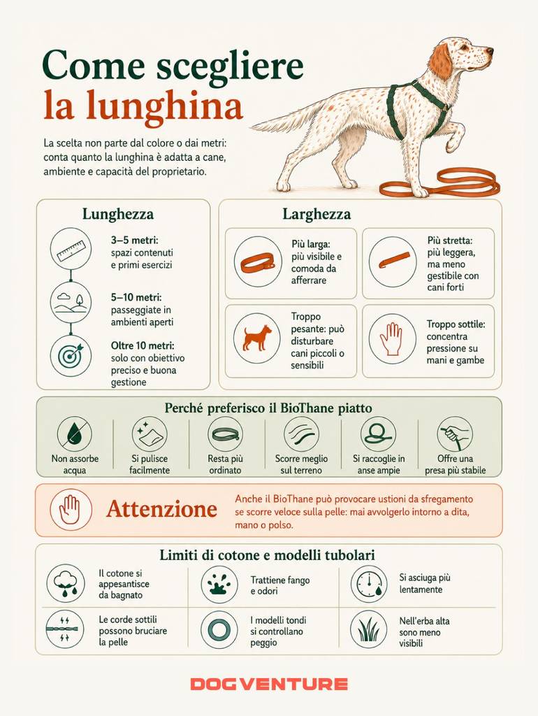 Come scegliere la lunghina per il cane in base a lunghezza, larghezza e materiale, con vantaggi del BioThane piatto e limiti di cotone e modelli tubolari.