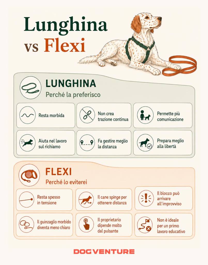 Infografica comparativa tra lunghina e Flexi per cani, con vantaggi della lunghina nella gestione della distanza e limiti del guinzaglio retrattile nel lavoro educativo.