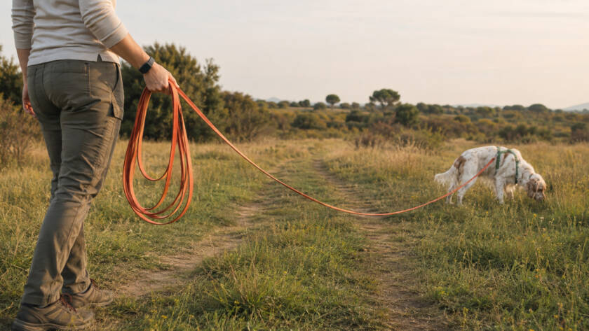 Setter Inglese che esplora e annusa un prato durante una passeggiata con una lunghina, gestita dal proprietario con ampie anse raccolte nella mano.