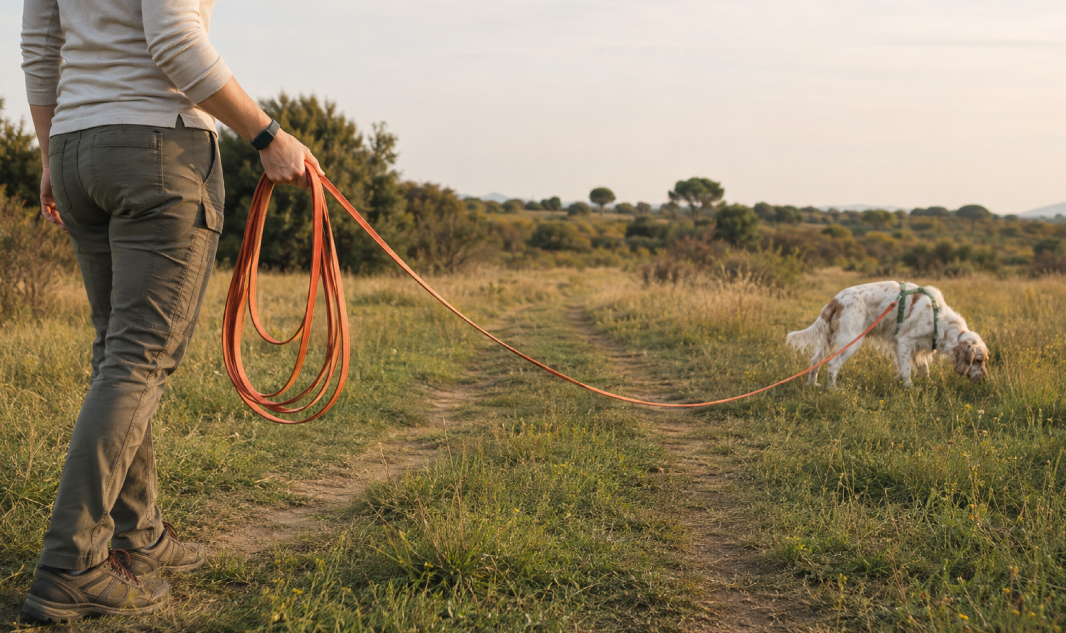 Setter Inglese che esplora e annusa un prato durante una passeggiata con una lunghina, gestita dal proprietario con ampie anse raccolte nella mano.