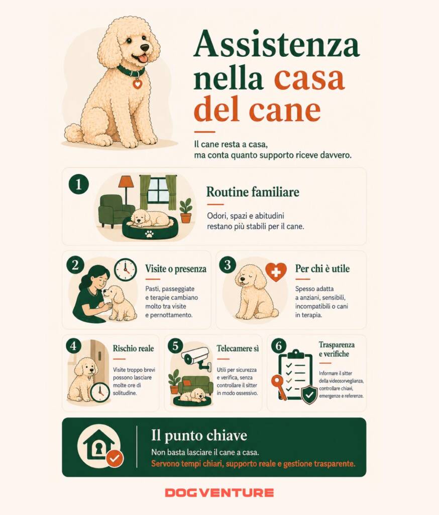 Infografica sull’assistenza del cane nella propria casa, con routine familiare, visite del pet sitter, cani per cui è indicata e verifiche necessarie per una gestione sicura.