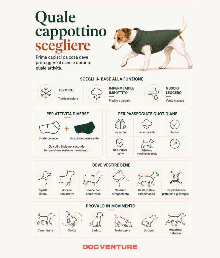 Guida illustrata su come scegliere il cappottino per il cane in base a funzione, clima e attività, verificando vestibilità, libertà di movimento e compatibilità con pettorina e guinzaglio