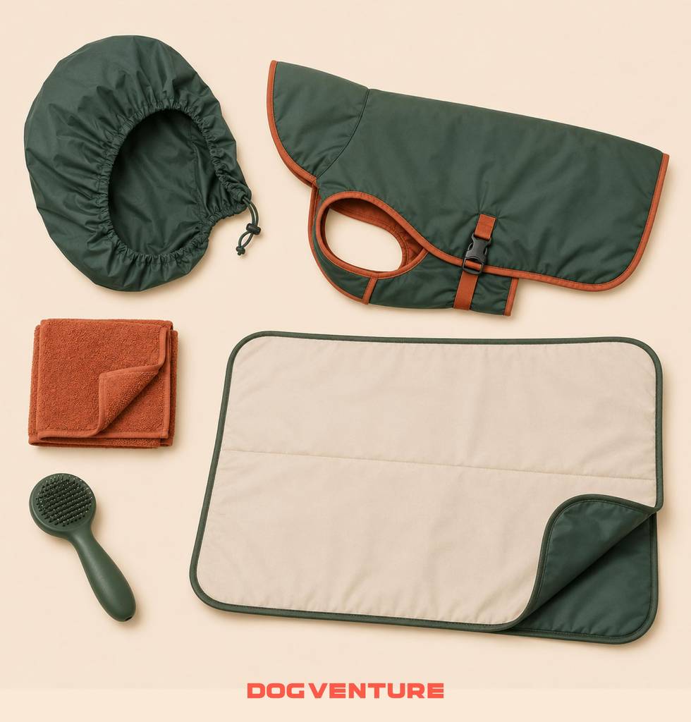 Fotografia flat lay dell’attrezzatura autunnale per un’escursione con il cane, con impermeabile, protezione antipioggia, telo o coperta, asciugamano e spazzola.