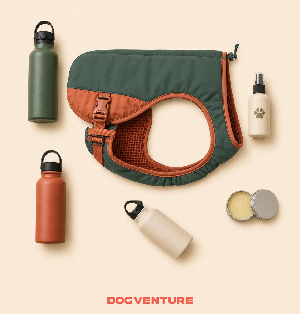 Fotografia flat lay dell’attrezzatura estiva da aggiungere allo zaino per un’escursione con il cane, con borracce d’acqua, gilet refrigerante, protezione solare veterinaria e crema per le zampe.