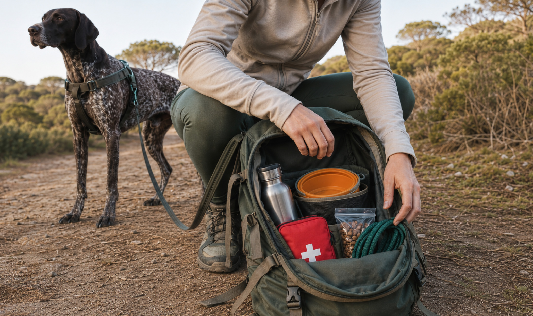 Fotografia di una donna che prepara lo zaino per un’escursione con il cane, con acqua, ciotola pieghevole, kit di primo soccorso, snack e attrezzatura essenziale.