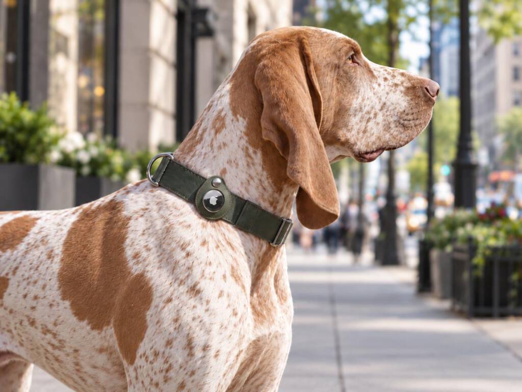 Bracco Italiano con AirTag fissato al collare, ritratto durante una passeggiata in ambiente urbano.