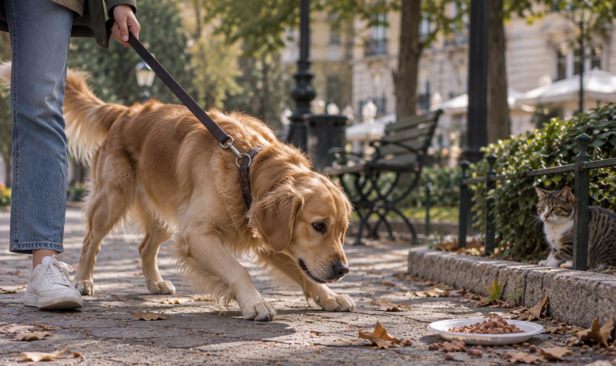 Golden Retriever al guinzaglio osserva del cibo trovato a terra durante una passeggiata