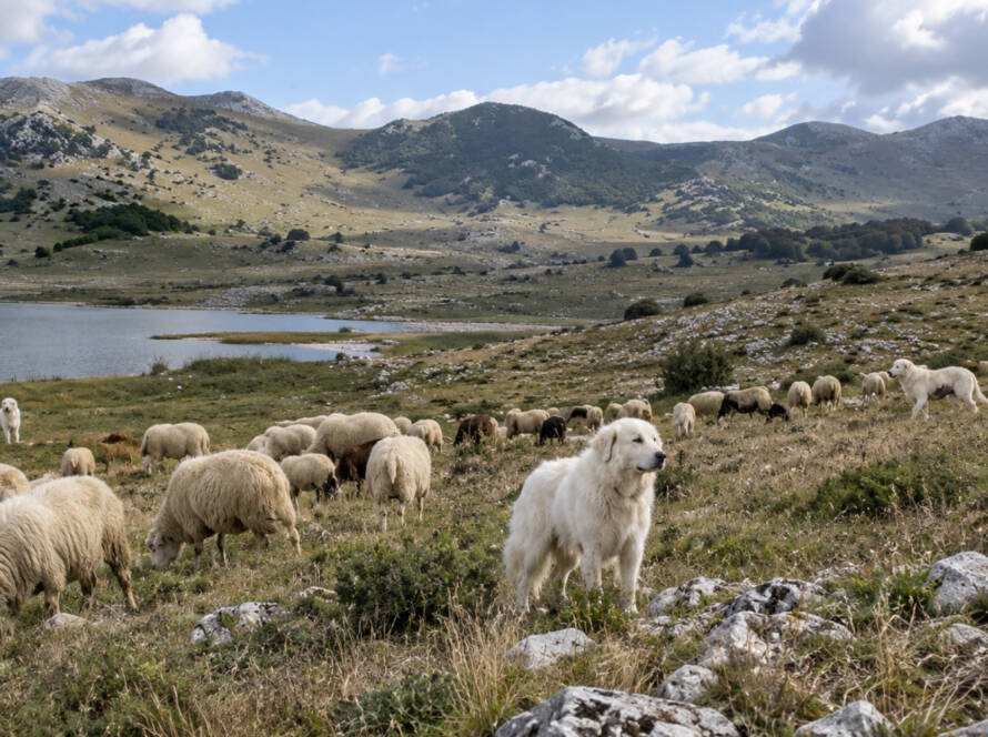 Cani da guardiania con un gregge di pecore durante il pascolo nel Massiccio del Matese in Campania
