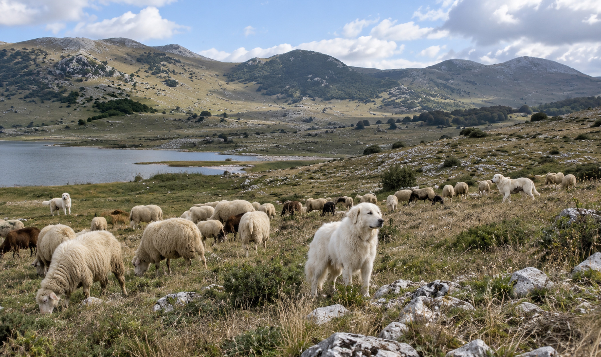 Cani da guardiania con un gregge di pecore durante il pascolo nel Massiccio del Matese in Campania
