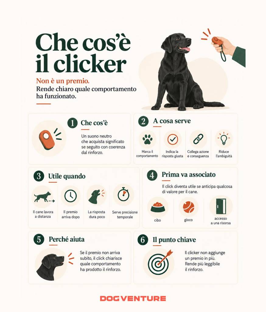 Infografica sul clicker per cani che spiega come segnala il comportamento corretto e anticipa il rinforzo