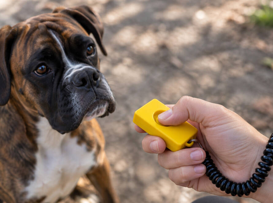 Boxer attento durante una sessione di clicker training mentre una persona preme un clicker giallo