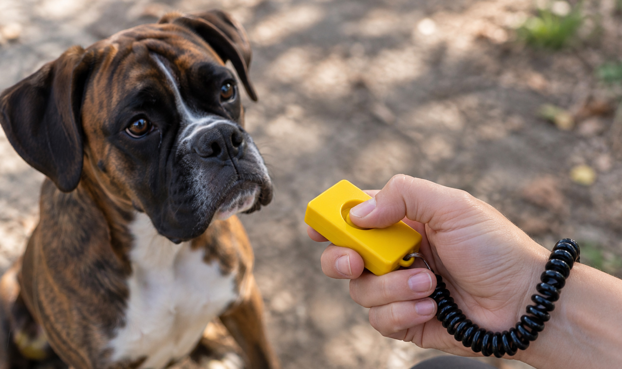 Boxer attento durante una sessione di clicker training mentre una persona preme un clicker giallo