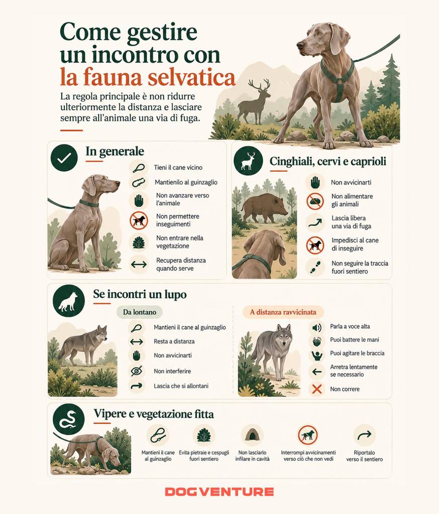 Mappa concettuale su come gestire un incontro tra cane e fauna selvatica durante un’escursione