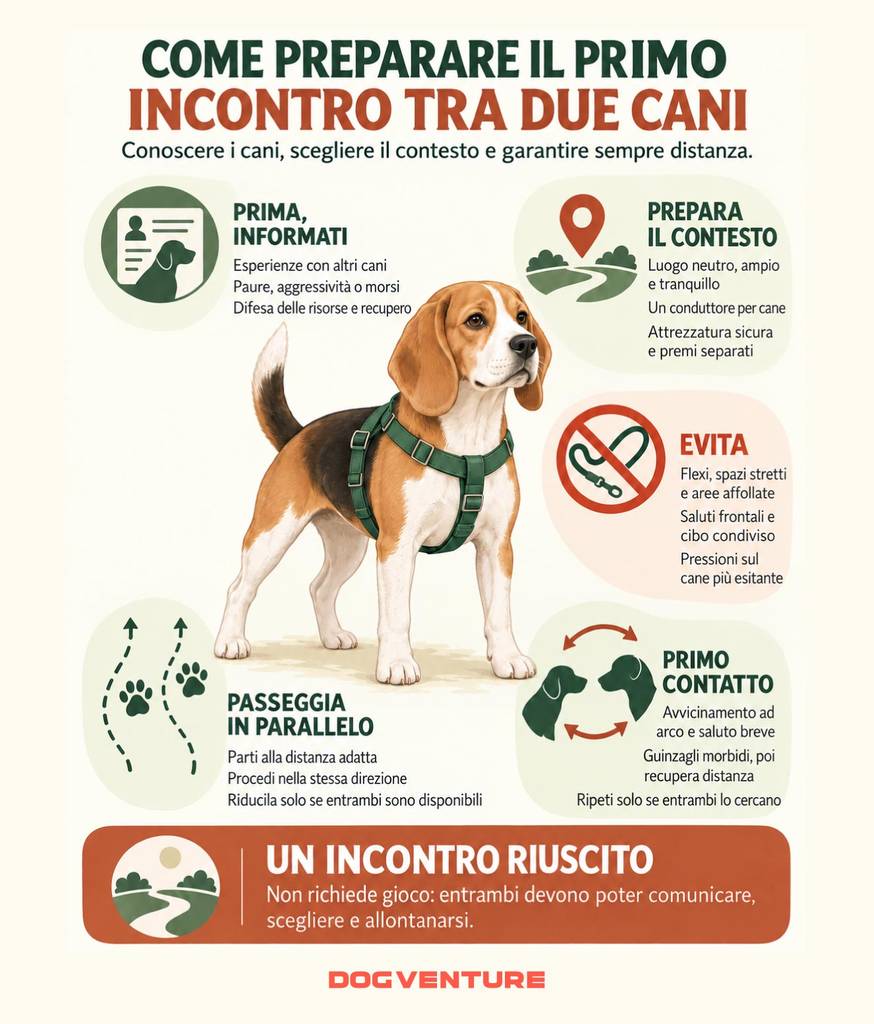 Infografica sul primo incontro tra due cani, dalla raccolta delle informazioni alla passeggiata parallela, con indicazioni su contesto, primo contatto e possibilità di mantenere distanza.