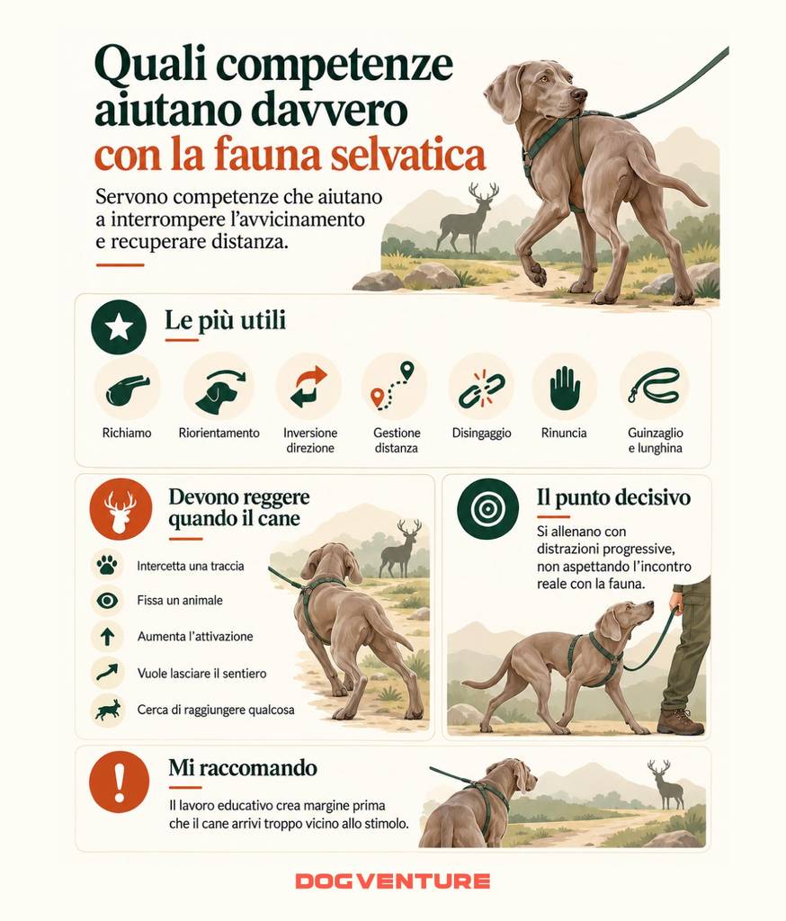 Diagramma delle competenze utili per gestire il cane in presenza di fauna selvatica durante un’escursione