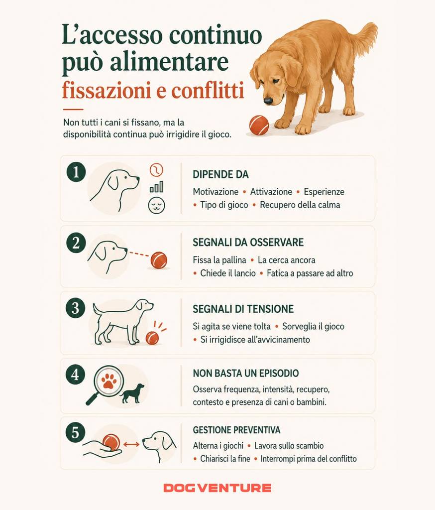 Infografica sui possibili effetti dell’accesso continuo ai giochi nel cane, con segnali di fissazione, tensione e perdita di flessibilità da osservare.