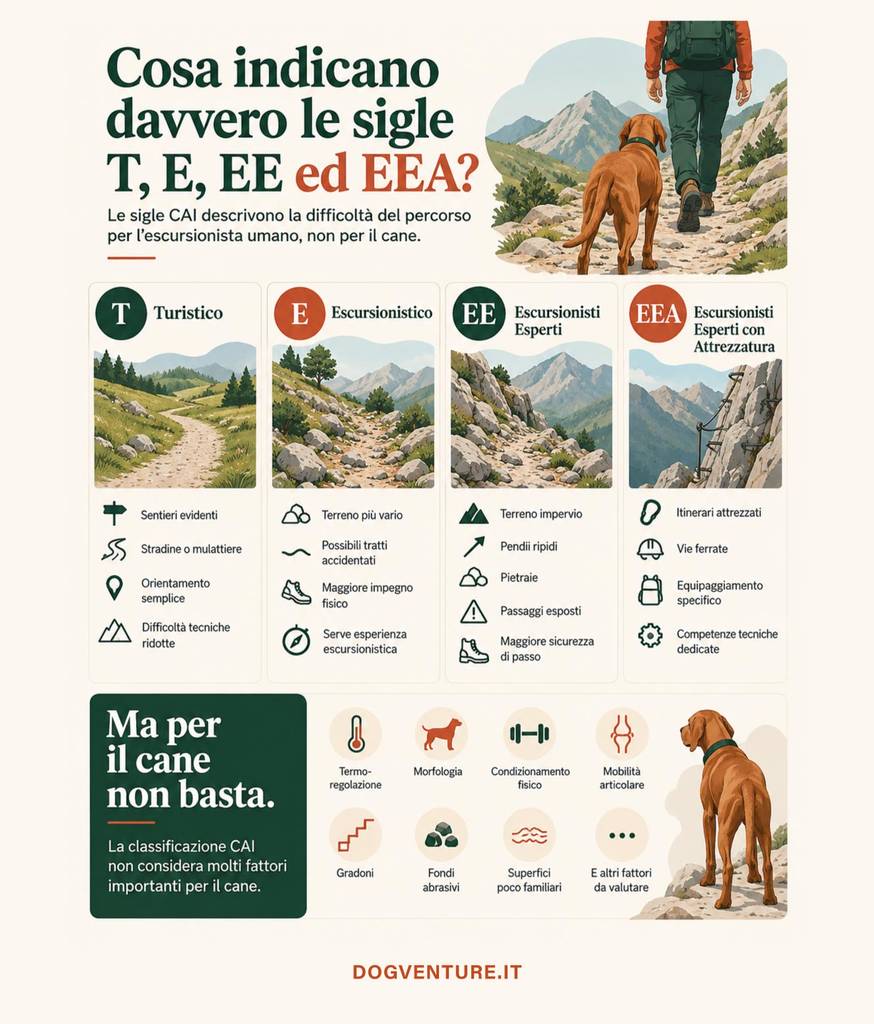 Schema delle sigle CAI T, E, EE ed EEA e dei fattori da valutare nel dog trekking