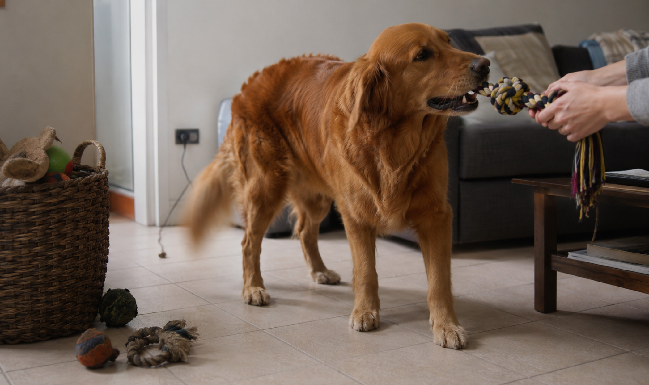 Fotografia editoriale di un Golden Retriever che gioca alla contesa con il proprietario in casa, circondato da palline, peluche e altri giochi lasciati a disposizione sul pavimento.