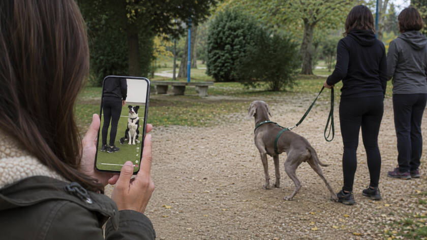 Divario tra i consigli cinofili mostrati nei reel e la realtà, con una persona che guarda un video sullo smartphone mentre un Weimaraner viene gestito in un contesto reale al parco.