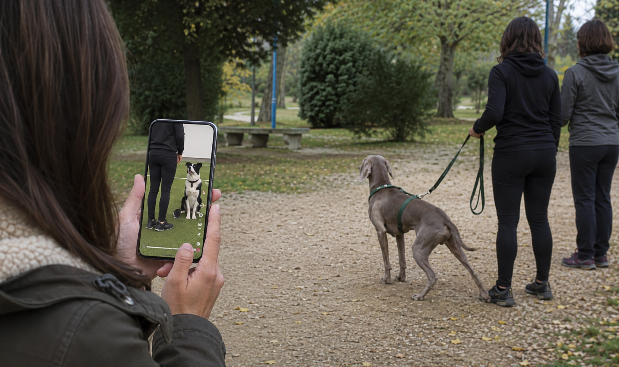 Divario tra i consigli cinofili mostrati nei reel e la realtà, con una persona che guarda un video sullo smartphone mentre un Weimaraner viene gestito in un contesto reale al parco.