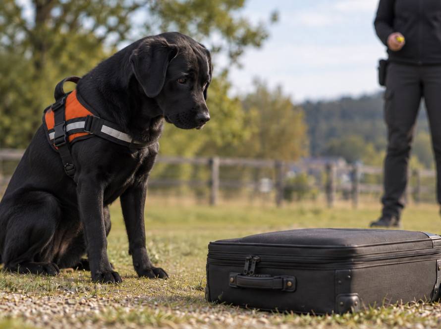 Labrador nero durante un esercizio di detection olfattiva segnala una valigia mentre il trainer utilizza il clicker