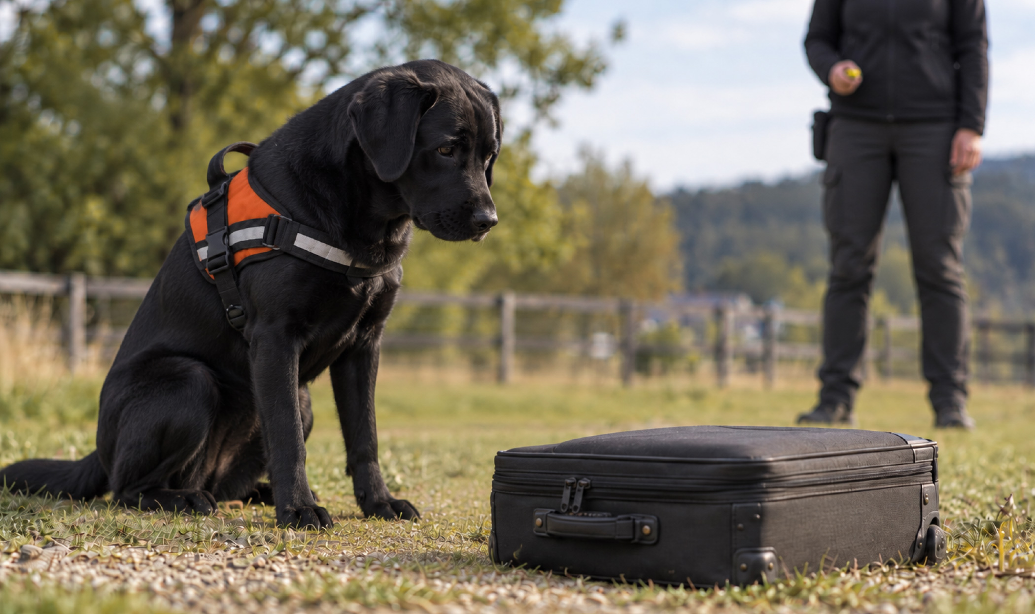 Labrador nero durante un esercizio di detection olfattiva segnala una valigia mentre il trainer utilizza il clicker