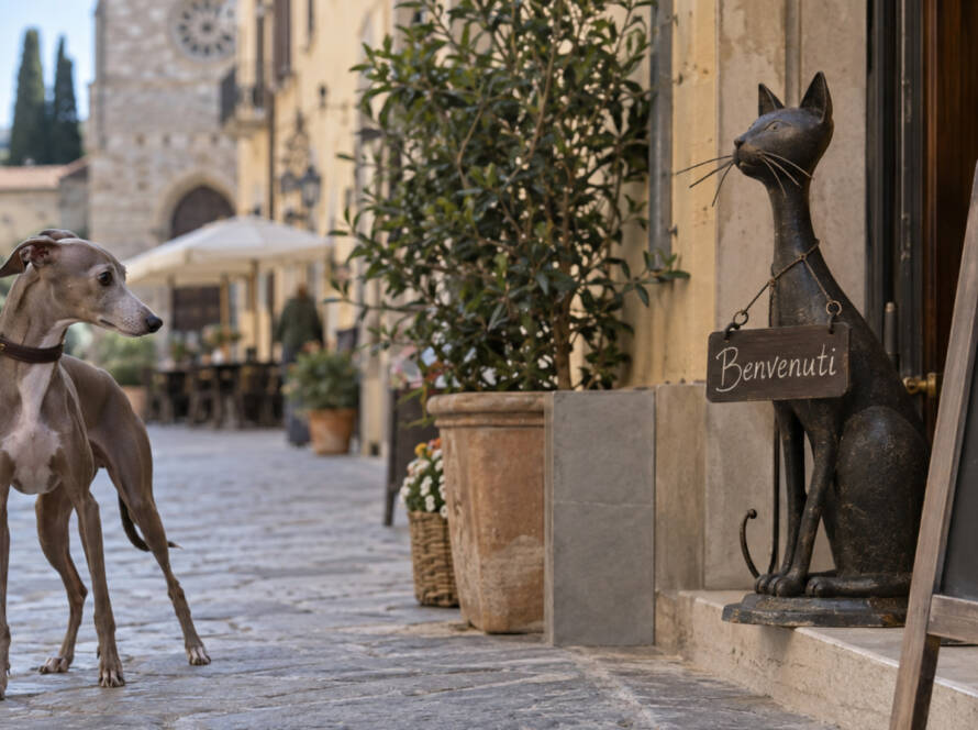 Levriero Italiano al guinzaglio osserva con cautela una statua a forma di gatto durante una passeggiata