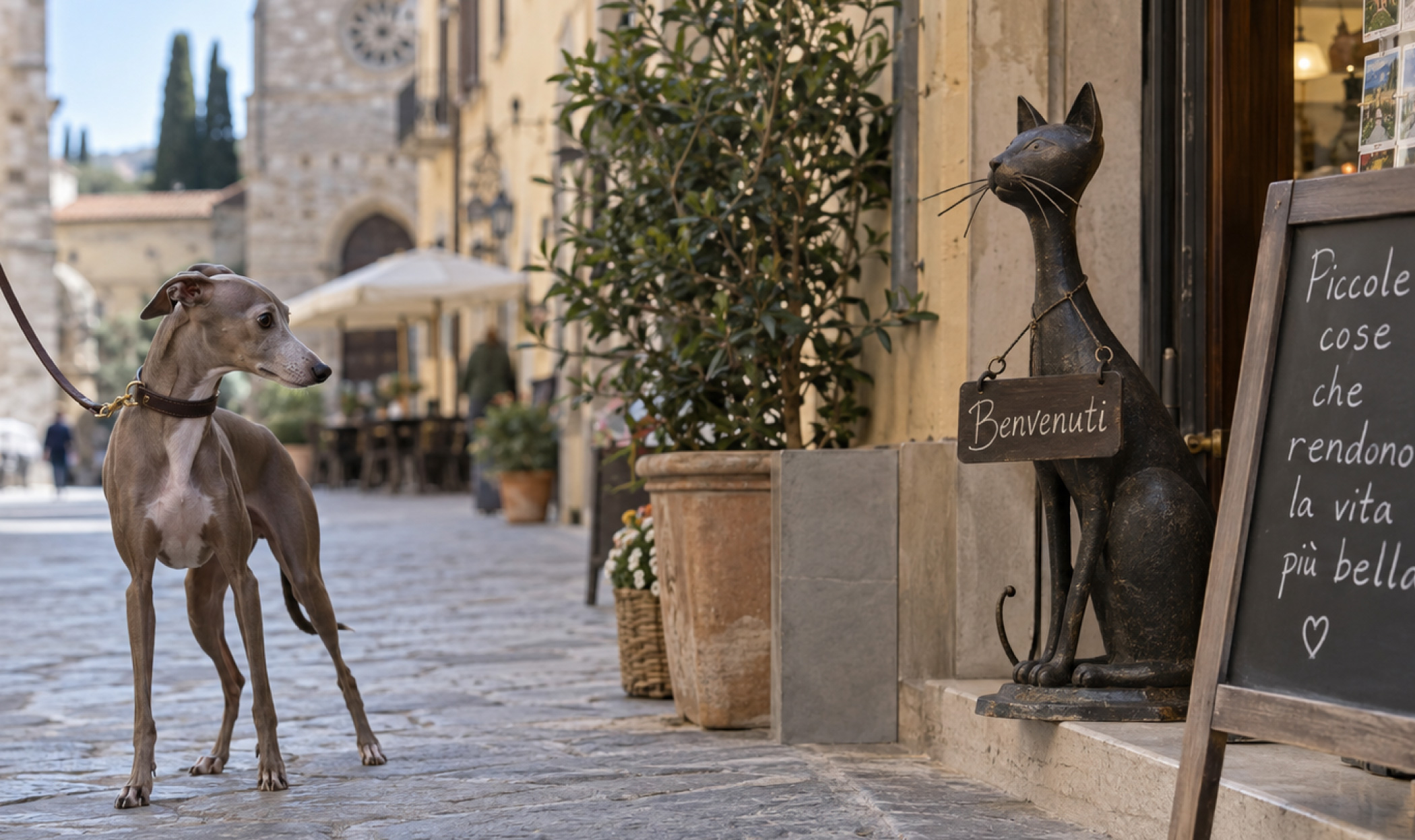 Levriero Italiano al guinzaglio osserva con cautela una statua a forma di gatto durante una passeggiata