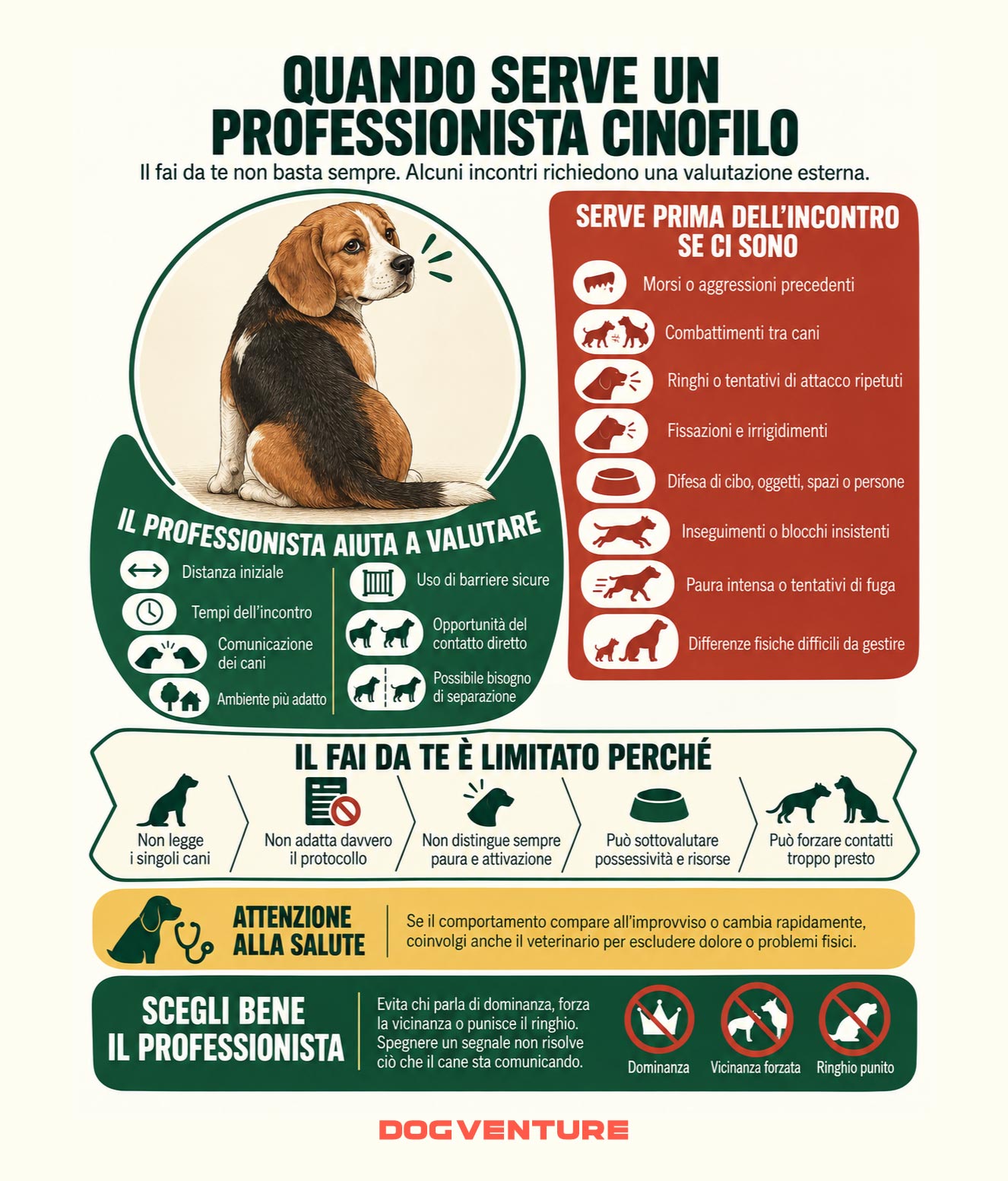 Tavola illustrativa su quando rivolgersi a un professionista cinofilo per l’incontro tra due cani, con segnali di rischio, limiti del fai da te, valutazione del comportamento e criteri per scegliere un professionista.